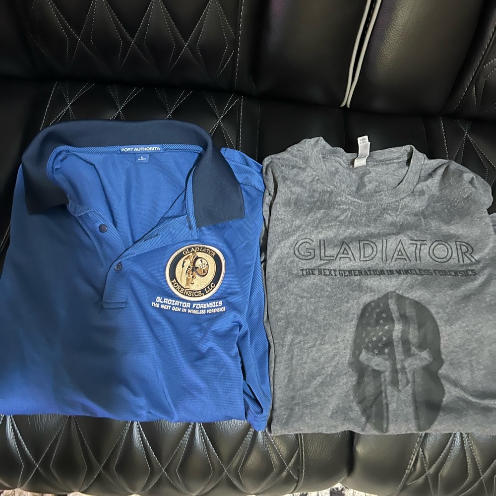 Blue Port Authority Polo Shirt and Gray Gladiator T-Shirt